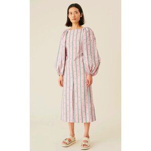 GANNI Cotton Seersucker Midi Dress Pink Nectar Size 14